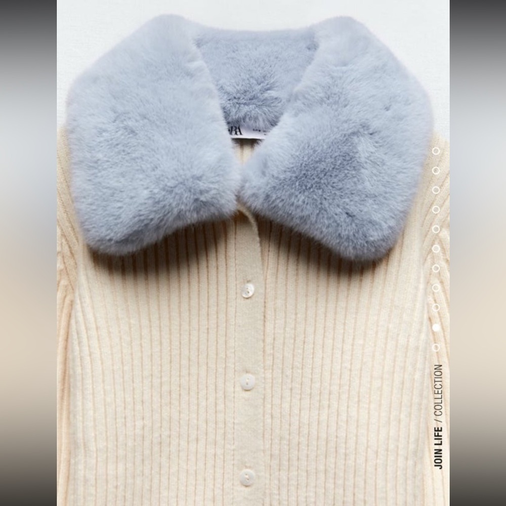 Cream Ribbed Button-Front Sweater with Light Blue Faux Fur Collar - Picture 2 of 12